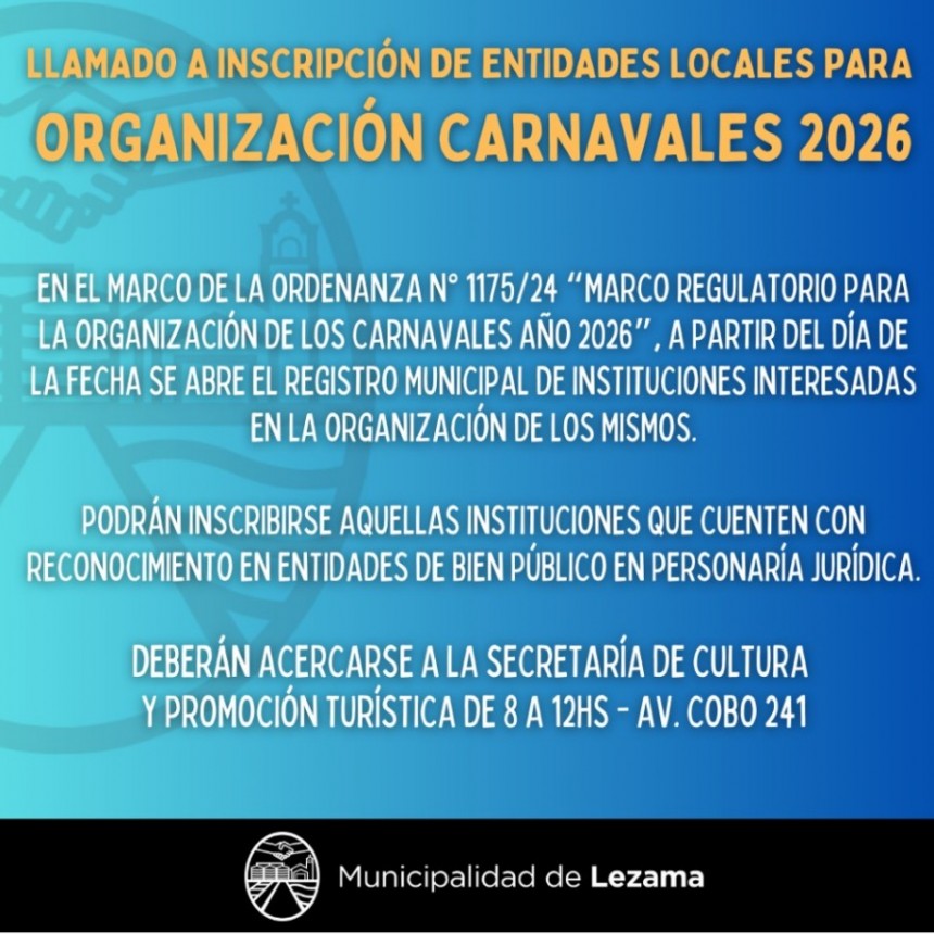 Llamado a inscripción de entidades locales - Organización carnavales 2026 