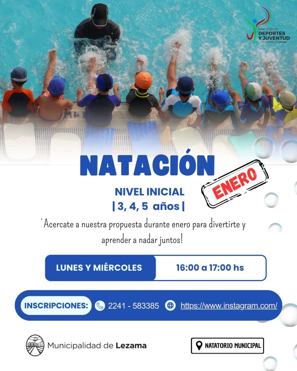 Clases de iniciación a la natación para niños y niñas de nivel inicial 