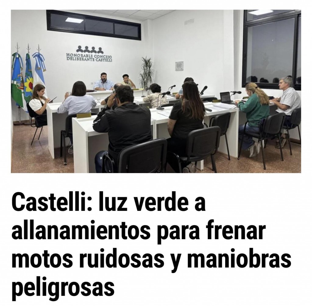 Castelli. Unánime aprobación para allanamientos por ruidos molestos de motos y maniobras peligrosas 